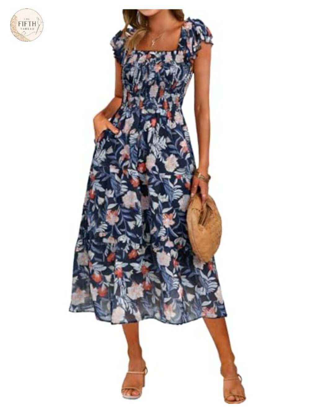 Simplee Women Floral Chiffon Midi Dress with Pockets Flutter Sleeve Boho Sun